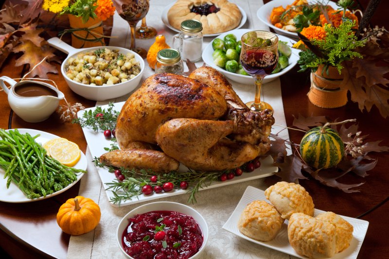 table filled with Thanksgiving foods 