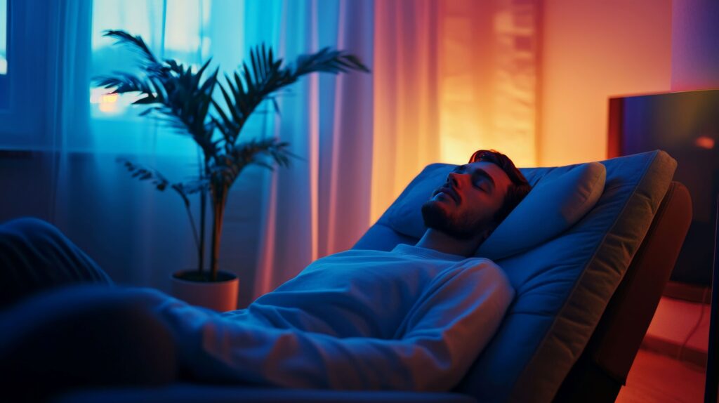 Man sleeping in recliner with soothing lighting
